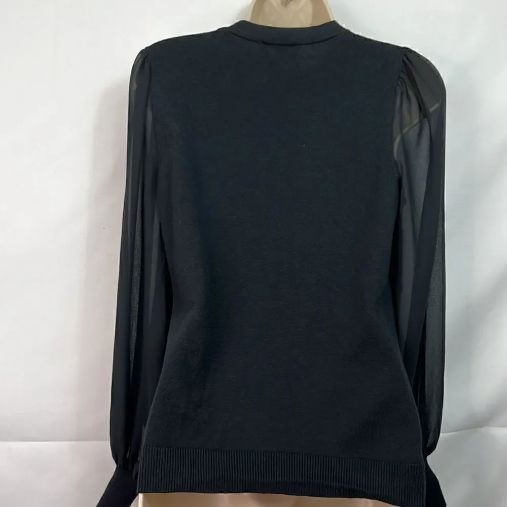 CeCe tie neck black multi medium sweater with chiffon sleeves size XS NWT